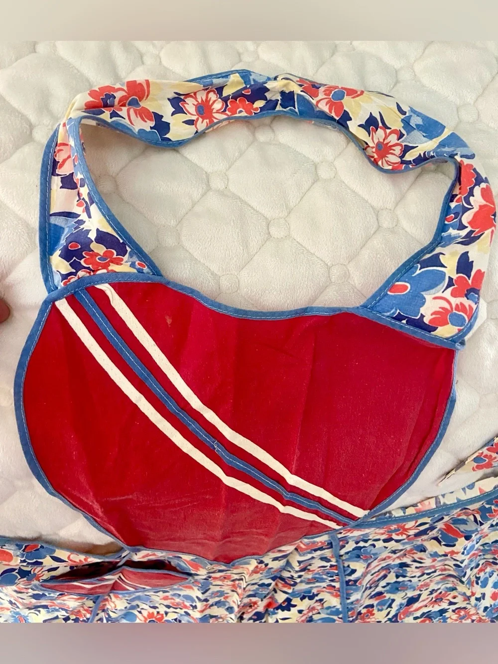 Vintage 50’s Apron with Red Heart Bib with diagonal stripes and floral apron